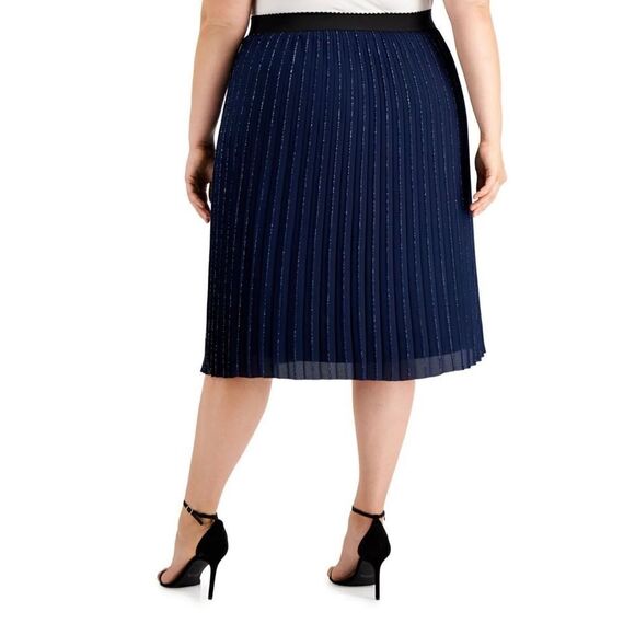 Womens Navy Metallic Pull On Styling Tea-Length Cocktail Pleated Skirt - Picture 2 of 8